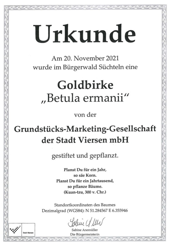 Urkunde GMG-Goldbirke Bürgerwald Süchteln